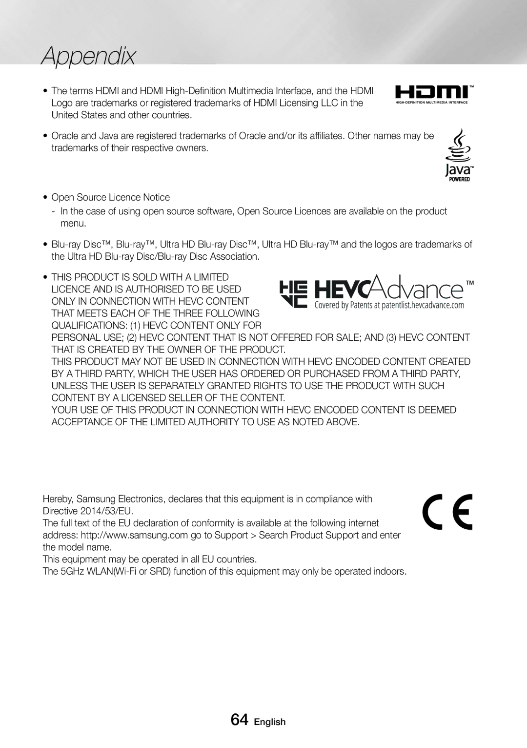 Samsung UBD-M9500/EN, UBD-M9500/ZG, UBD-M9500/ZF, UBD-M9500/XE manual Appendix 