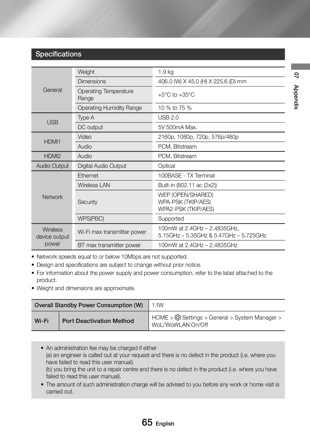 Samsung UBD-M9500/ZG, UBD-M9500/EN, UBD-M9500/ZF, UBD-M9500/XE manual Specifications 