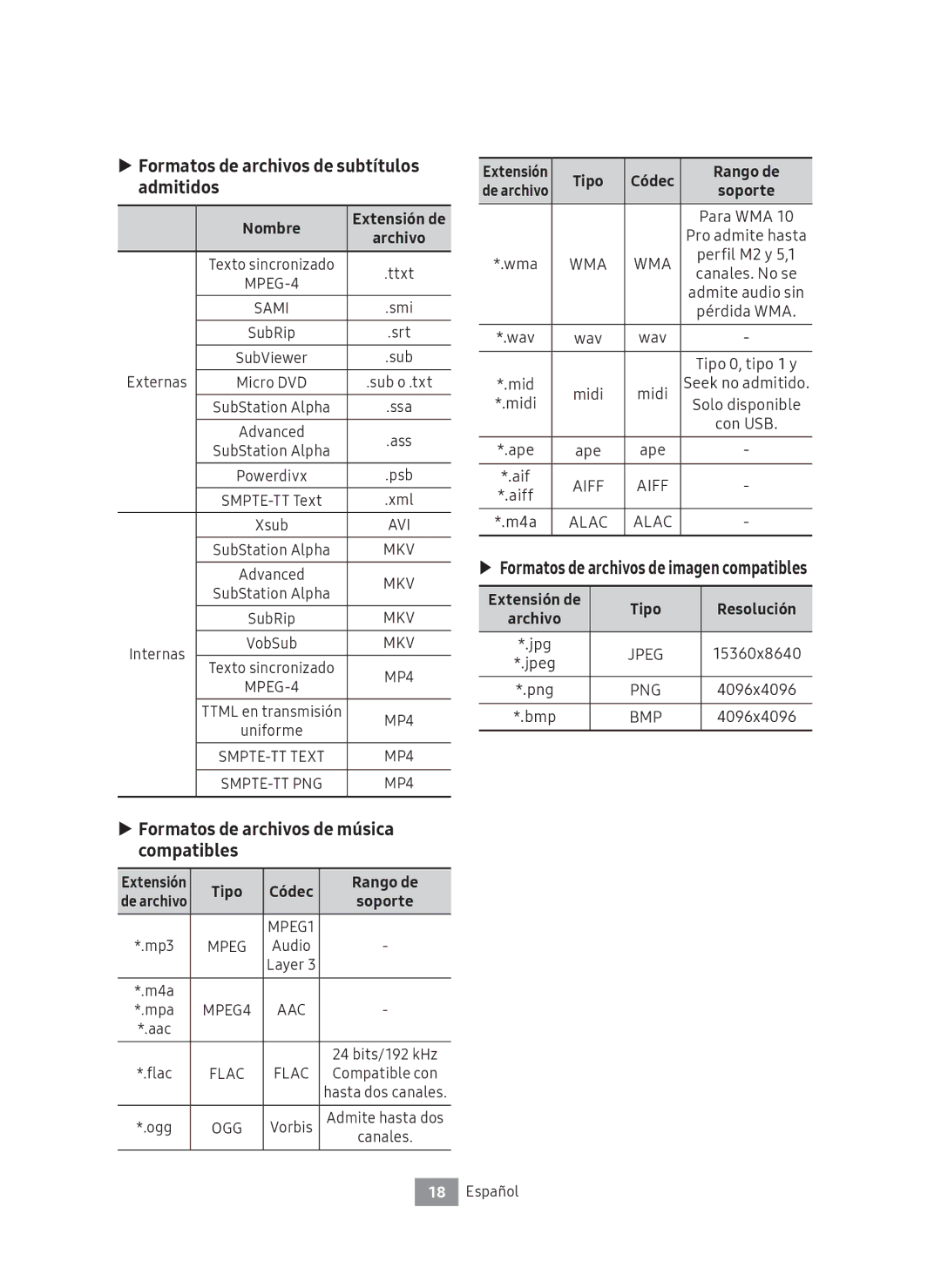 Samsung UBD-M9500/ZG manual Formatos de archivos de subtítulos admitidos, Formatos de archivos de música compatibles 