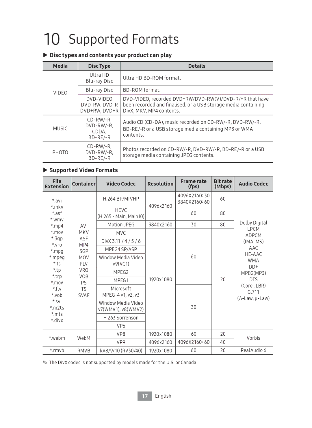 Samsung UBD-M9500/ZF manual Supported Formats, Disc types and contents your product can play, Supported Video Formats 