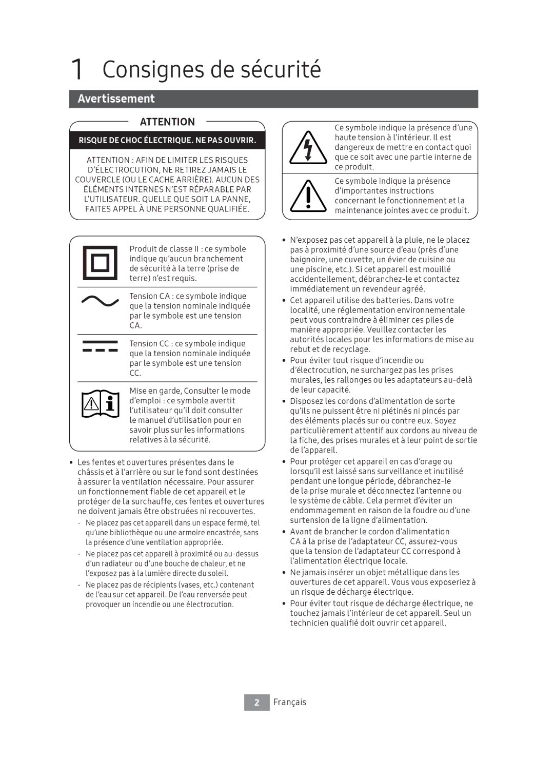 Samsung UBD-M9500/EN, UBD-M9500/ZG, UBD-M9500/ZF manual Consignes de sécurité, Avertissement 