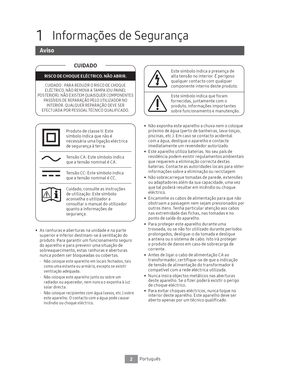 Samsung UBD-M9500/ZG, UBD-M9500/EN, UBD-M9500/ZF manual Informações de Segurança, Aviso 