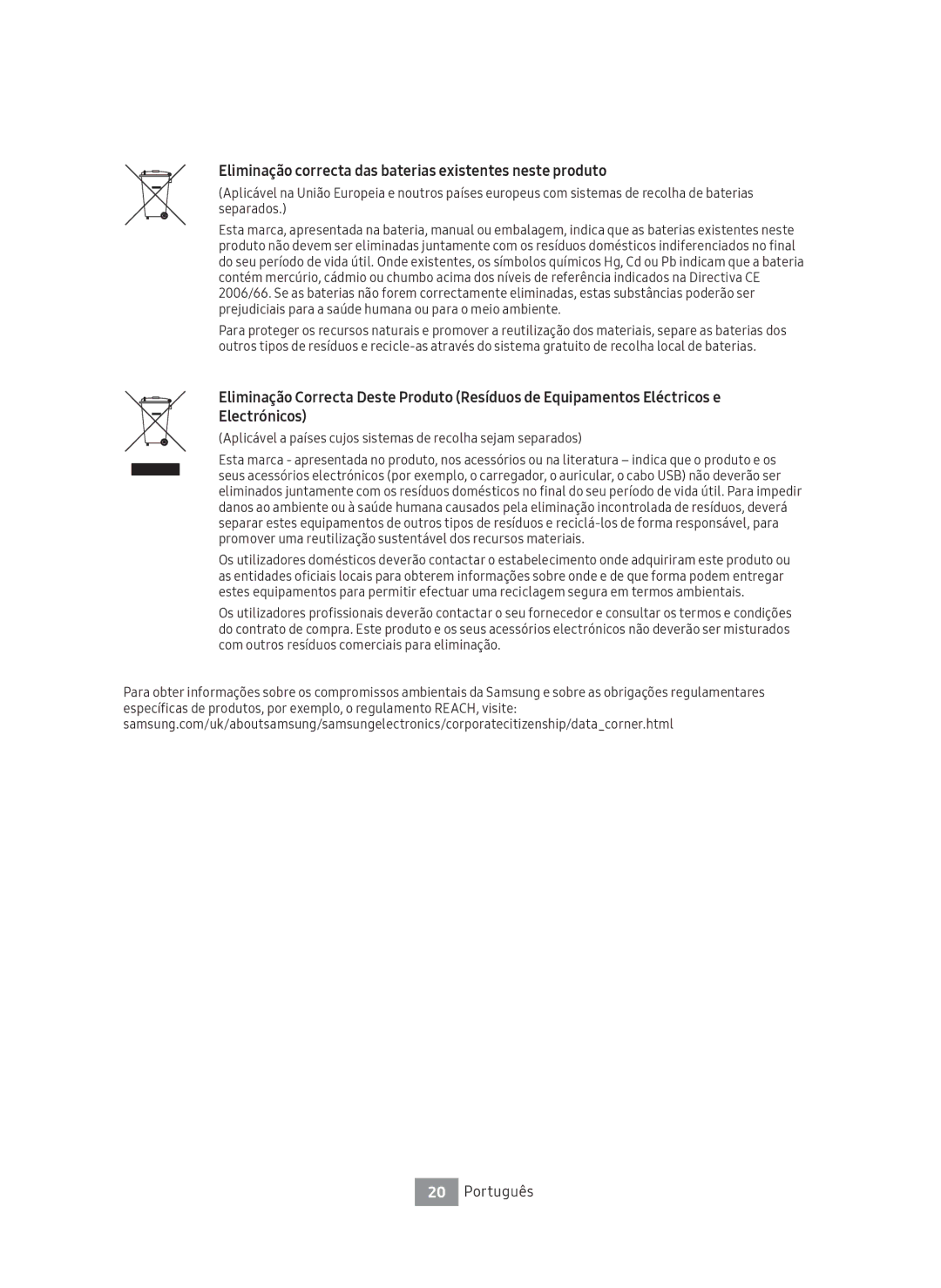 Samsung UBD-M9500/ZG, UBD-M9500/EN, UBD-M9500/ZF manual Eliminação correcta das baterias existentes neste produto 