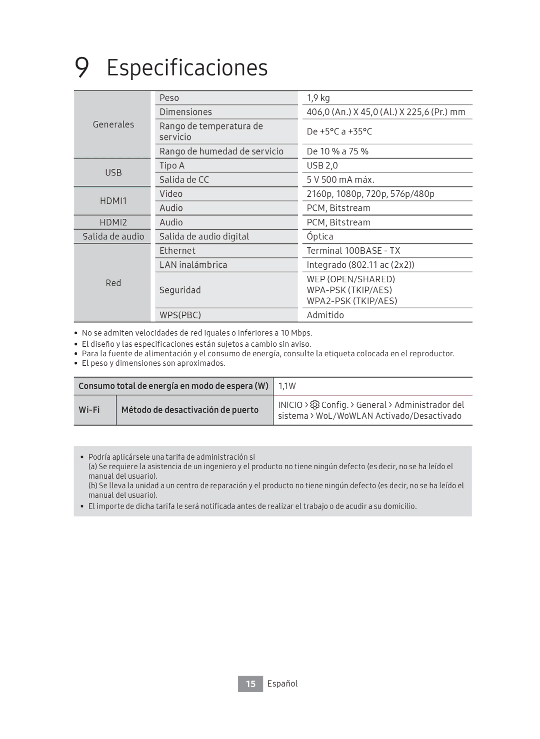 Samsung UBD-M9500/ZG, UBD-M9500/EN manual Especificaciones, Generales, Admitido, Inicio Config. General Administrador del 