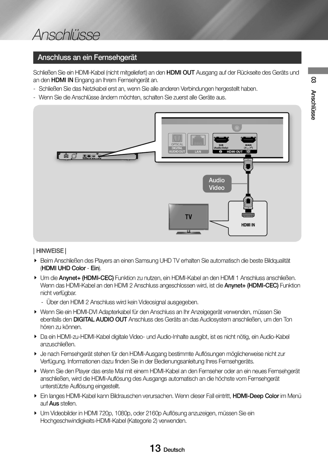 Samsung UBD-M9500/ZG, UBD-M9500/EN manual Anschlüsse, Anschluss an ein Fernsehgerät 