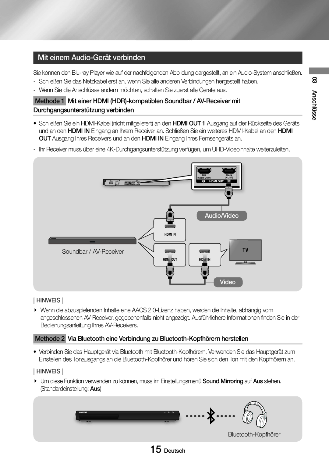 Samsung UBD-M9500/ZG, UBD-M9500/EN manual Mit einem Audio-Gerät verbinden, Soundbar / AV-Receiver 