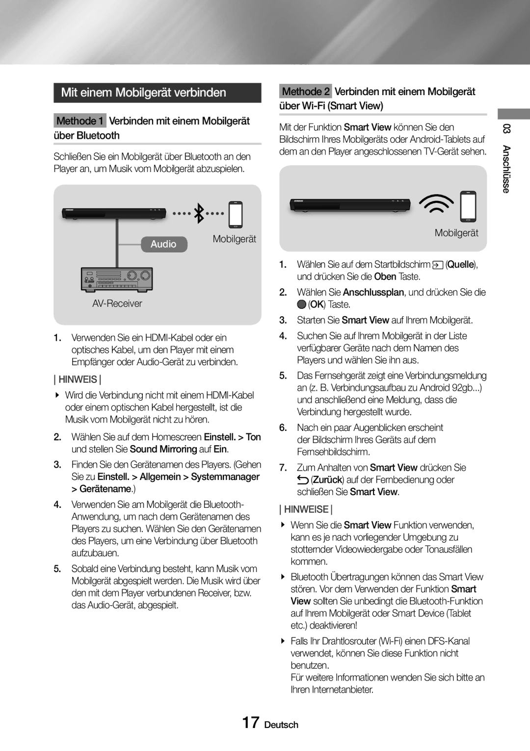 Samsung UBD-M9500/ZG, UBD-M9500/EN manual Mit einem Mobilgerät verbinden, Audio Mobilgerät AV-Receiver 