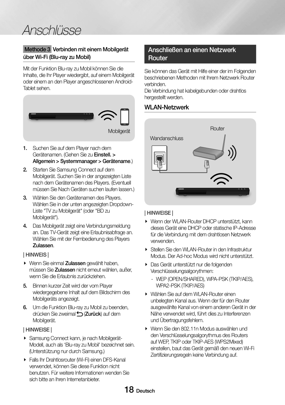 Samsung UBD-M9500/EN, UBD-M9500/ZG manual Anschließen an einen Netzwerk Router, WLAN-Netzwerk, Router Wandanschluss 