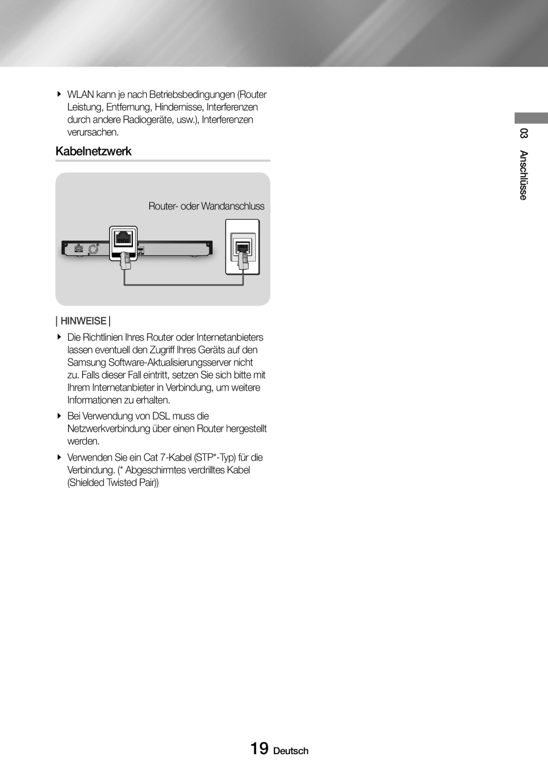 Samsung UBD-M9500/ZG, UBD-M9500/EN manual Kabelnetzwerk, Router- oder Wandanschluss 