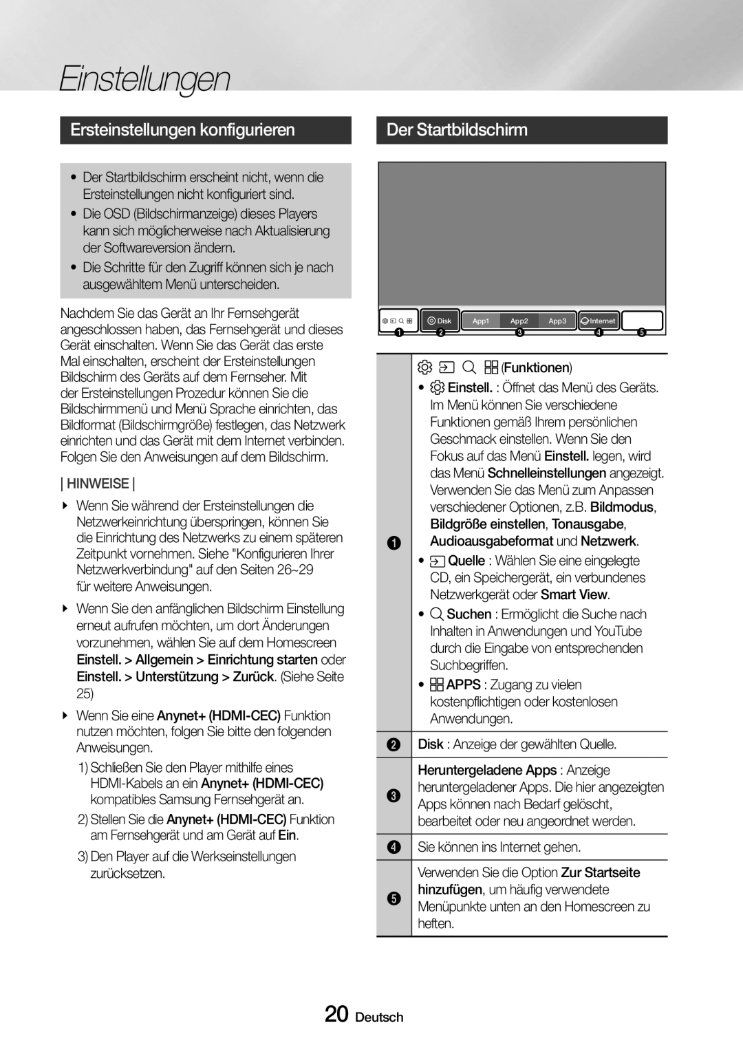 Samsung UBD-M9500/EN, UBD-M9500/ZG manual Einstellungen, Ersteinstellungen konfigurieren, Der Startbildschirm 