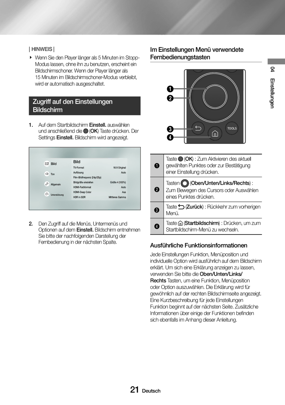 Samsung UBD-M9500/ZG, UBD-M9500/EN manual Zugriff auf den Einstellungen Bildschirm, Ausführliche Funktionsinformationen 