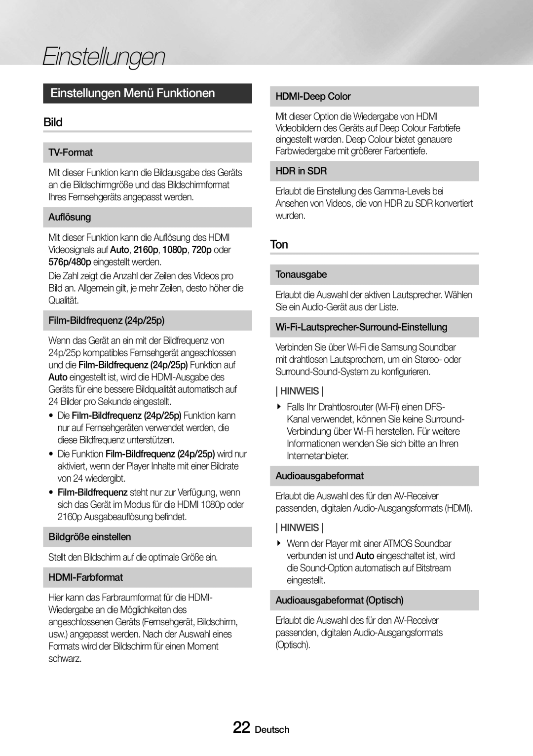 Samsung UBD-M9500/EN, UBD-M9500/ZG manual Einstellungen Menü Funktionen, Bild, Ton 