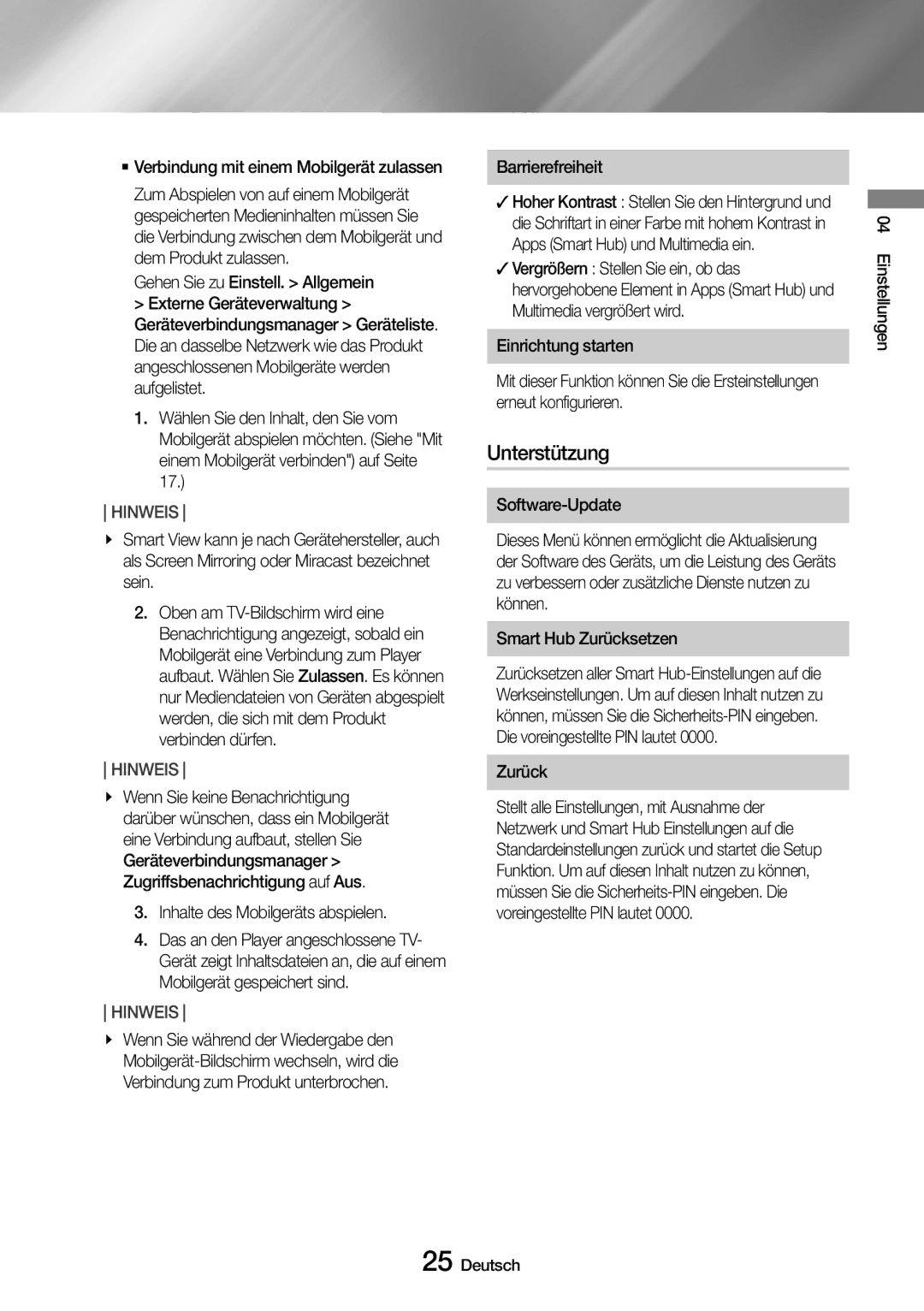 Samsung UBD-M9500/ZG, UBD-M9500/EN manual Unterstützung 