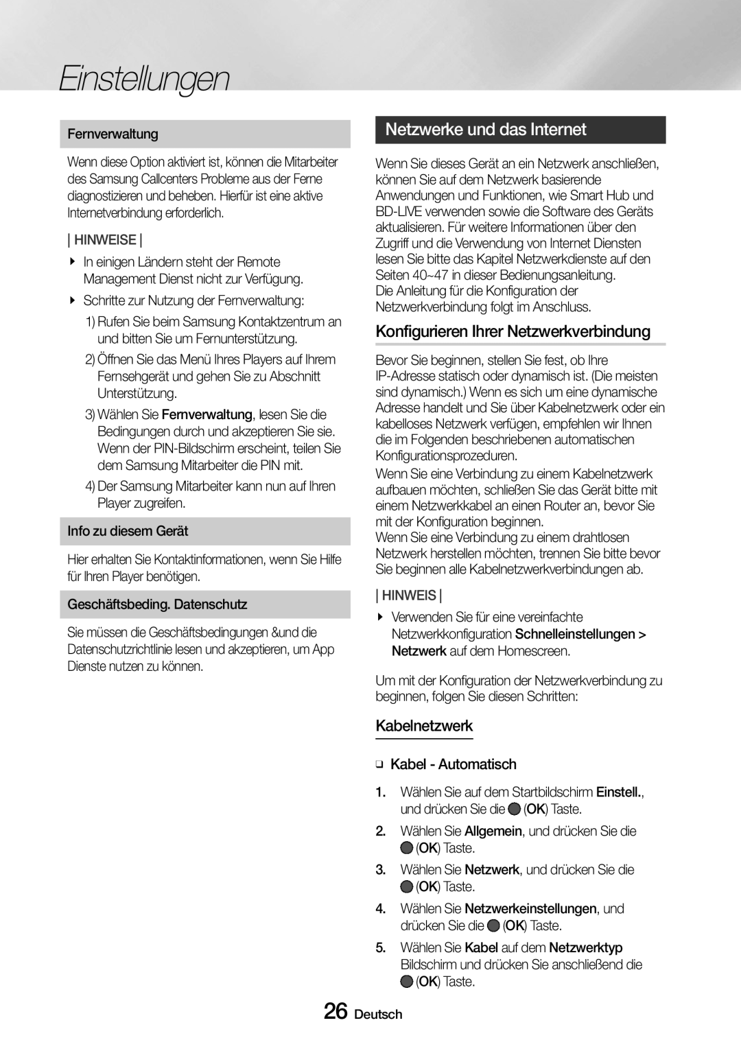 Samsung UBD-M9500/EN, UBD-M9500/ZG manual Netzwerke und das Internet, Konfigurieren Ihrer Netzwerkverbindung, Kabelnetzwerk 