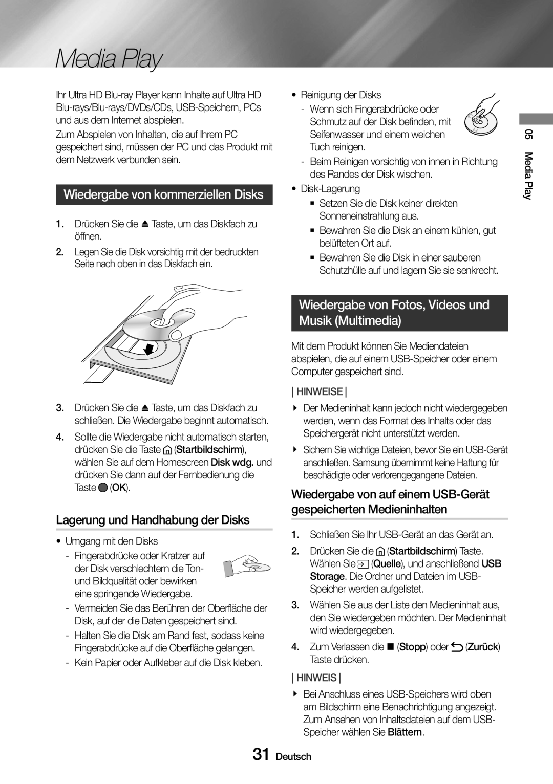 Samsung UBD-M9500/ZG, UBD-M9500/EN manual Media Play, Wiedergabe von kommerziellen Disks, Lagerung und Handhabung der Disks 