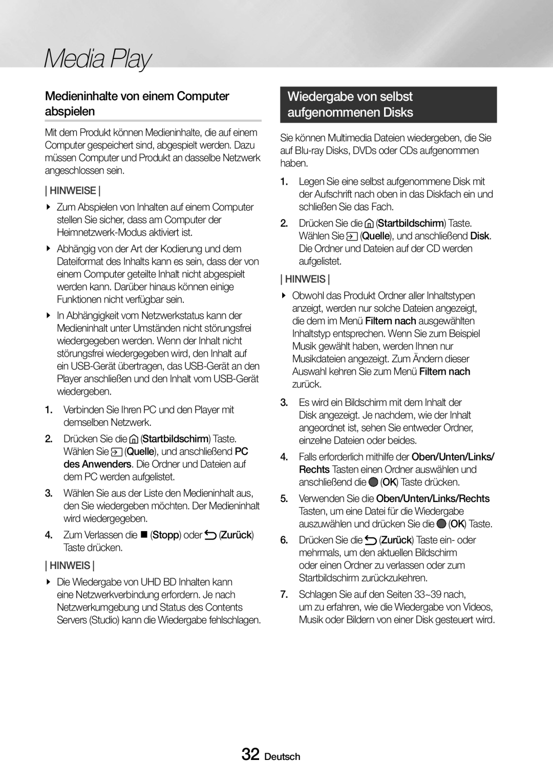 Samsung UBD-M9500/EN, UBD-M9500/ZG Medieninhalte von einem Computer abspielen, Wiedergabe von selbst aufgenommenen Disks 