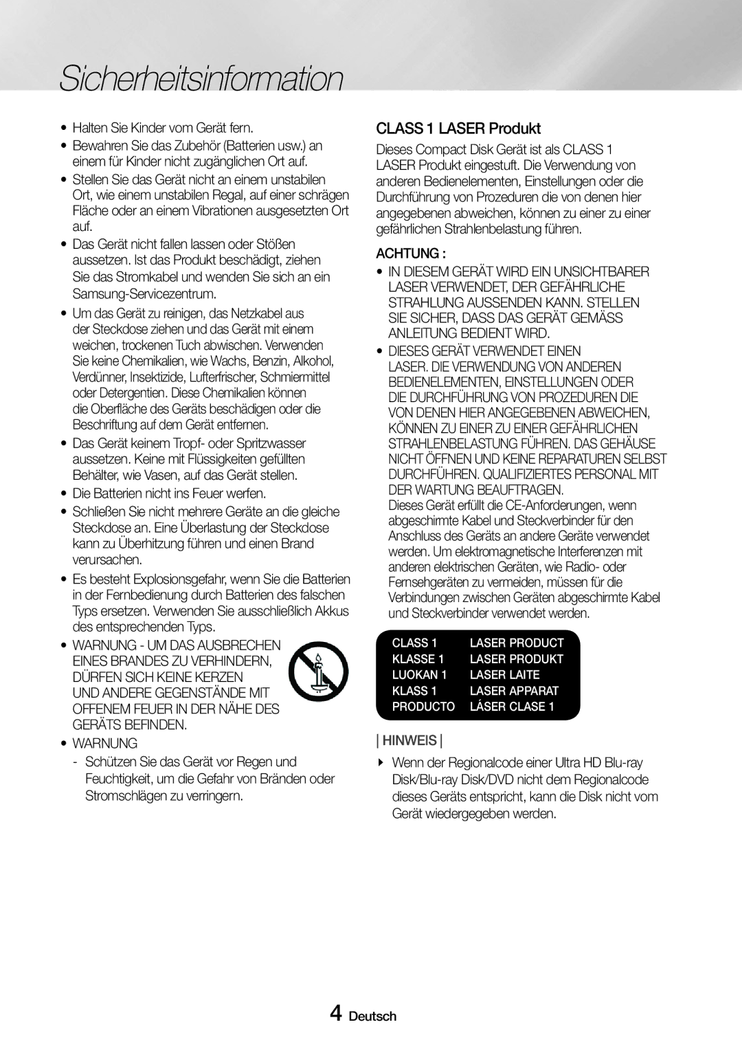 Samsung UBD-M9500/EN, UBD-M9500/ZG manual Class 1 Laser Produkt, Halten Sie Kinder vom Gerät fern, Warnung, Achtung 