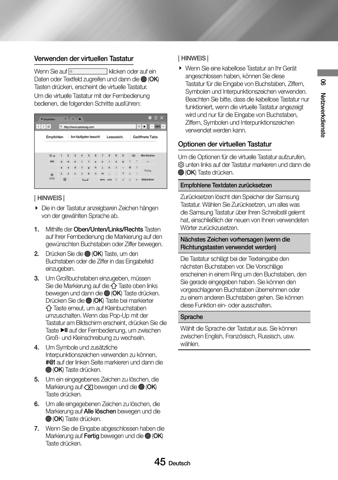 Samsung UBD-M9500/ZG, UBD-M9500/EN Verwenden der virtuellen Tastatur, Optionen der virtuellen Tastatur,  OK Taste drücken 