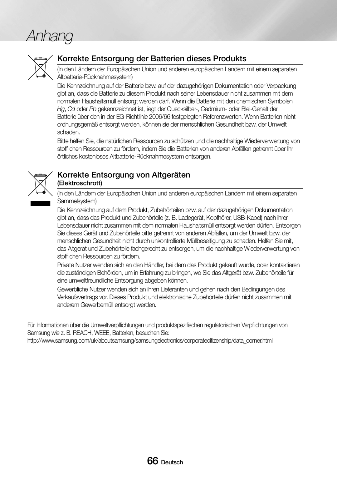 Samsung UBD-M9500/EN Korrekte Entsorgung der Batterien dieses Produkts, Korrekte Entsorgung von Altgeräten Elektroschrott 