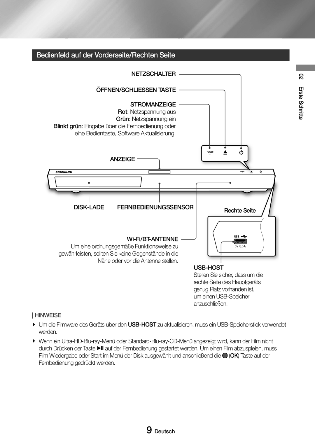 Samsung UBD-M9500/ZG Bedienfeld auf der Vorderseite/Rechten Seite, Netzschalter ÖFFNEN/SCHLIESSEN Taste, Anzeige, Usb-Host 