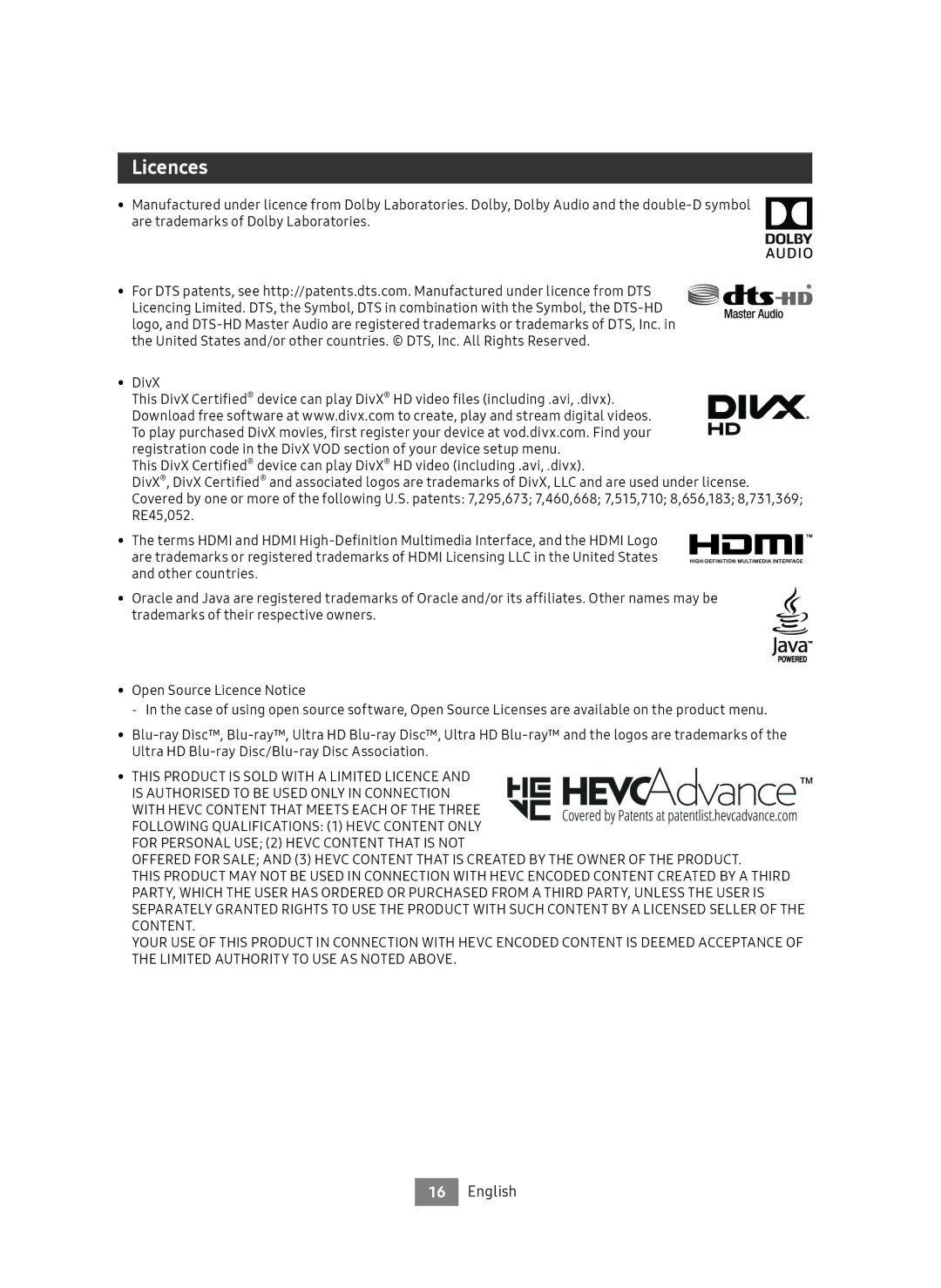 Samsung UBD-M9500/EN, UBD-M9500/ZG manual Licences, This Product is Sold with a Limited Licence 