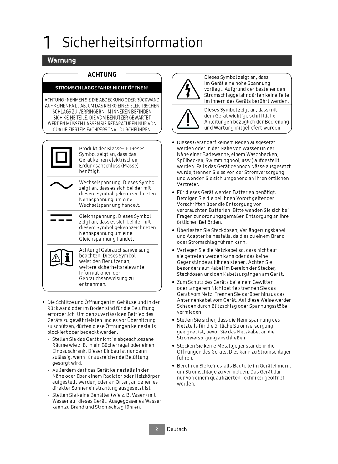 Samsung UBD-M9500/ZG, UBD-M9500/EN manual Sicherheitsinformation, Warnung 