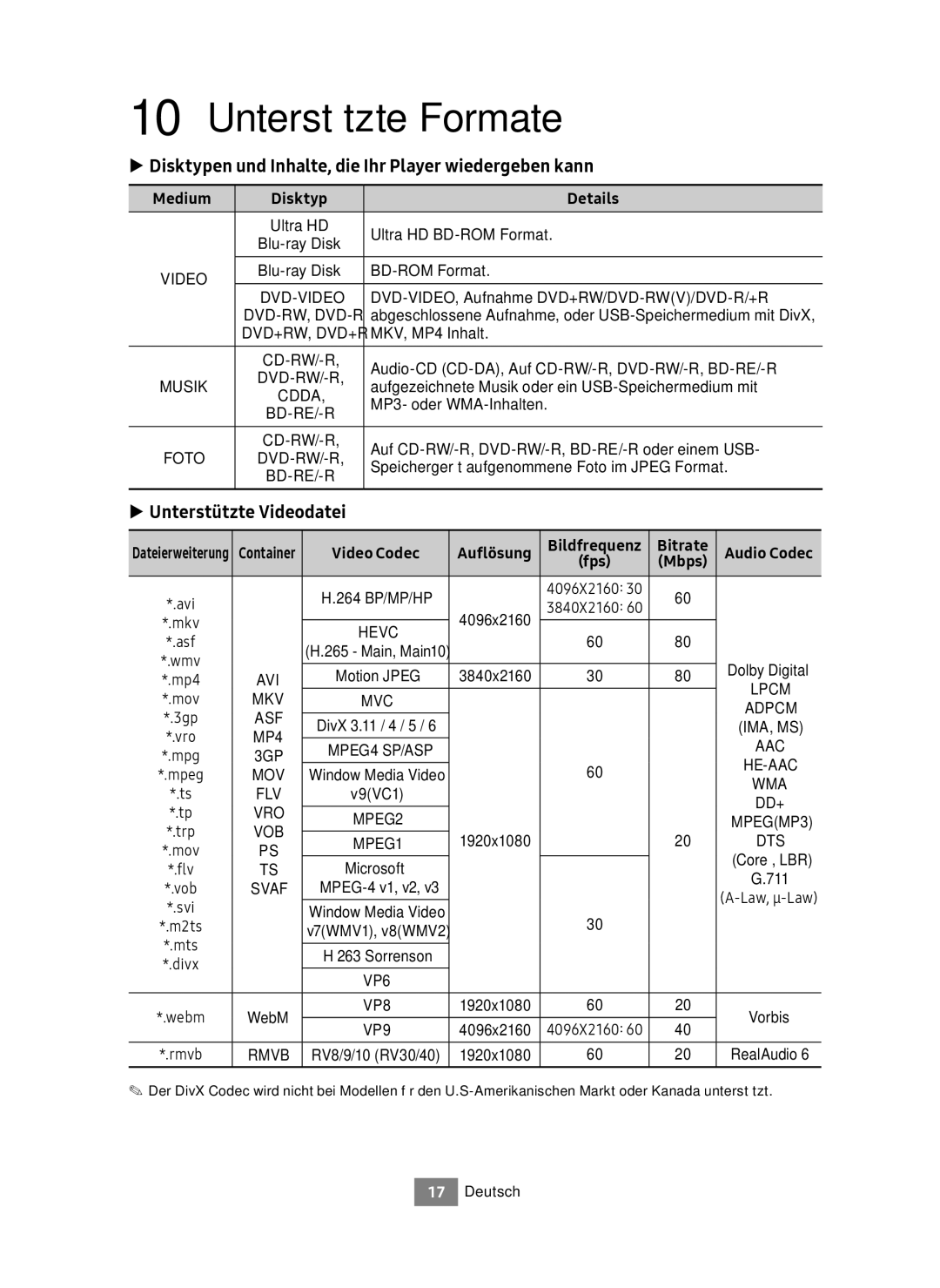 Samsung UBD-M9500/EN Unterstützte Formate, Disktypen und Inhalte, die Ihr Player wiedergeben kann, Unterstützte Videodatei 