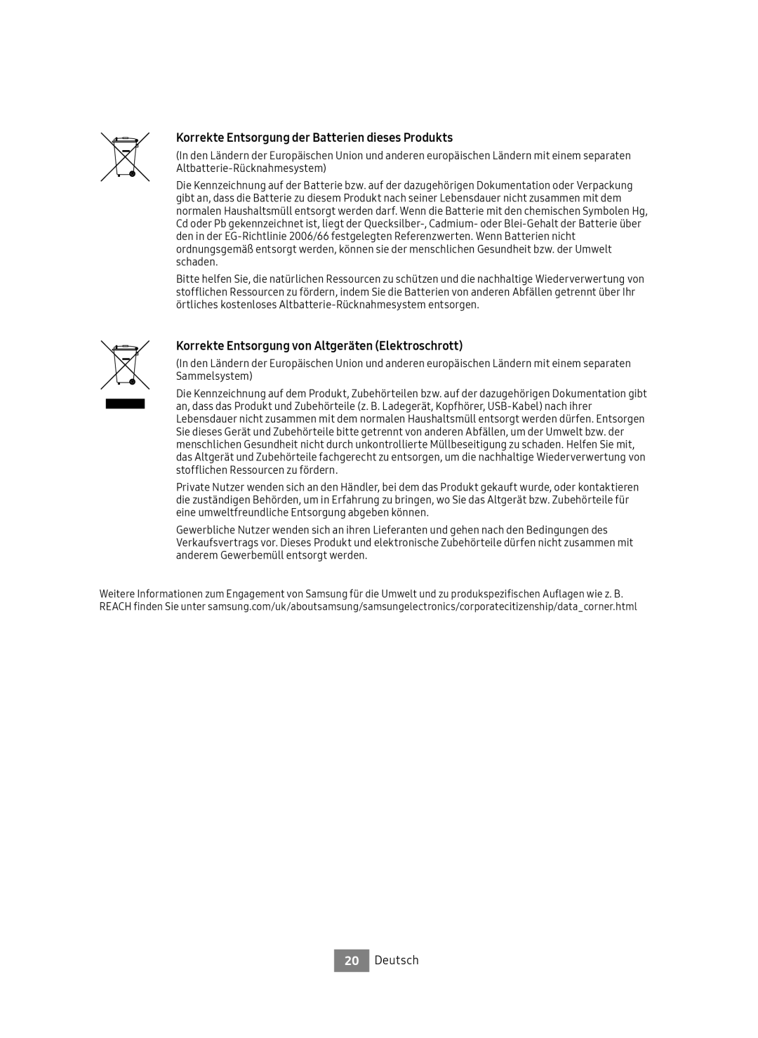 Samsung UBD-M9500/ZG Korrekte Entsorgung der Batterien dieses Produkts, Korrekte Entsorgung von Altgeräten Elektroschrott 