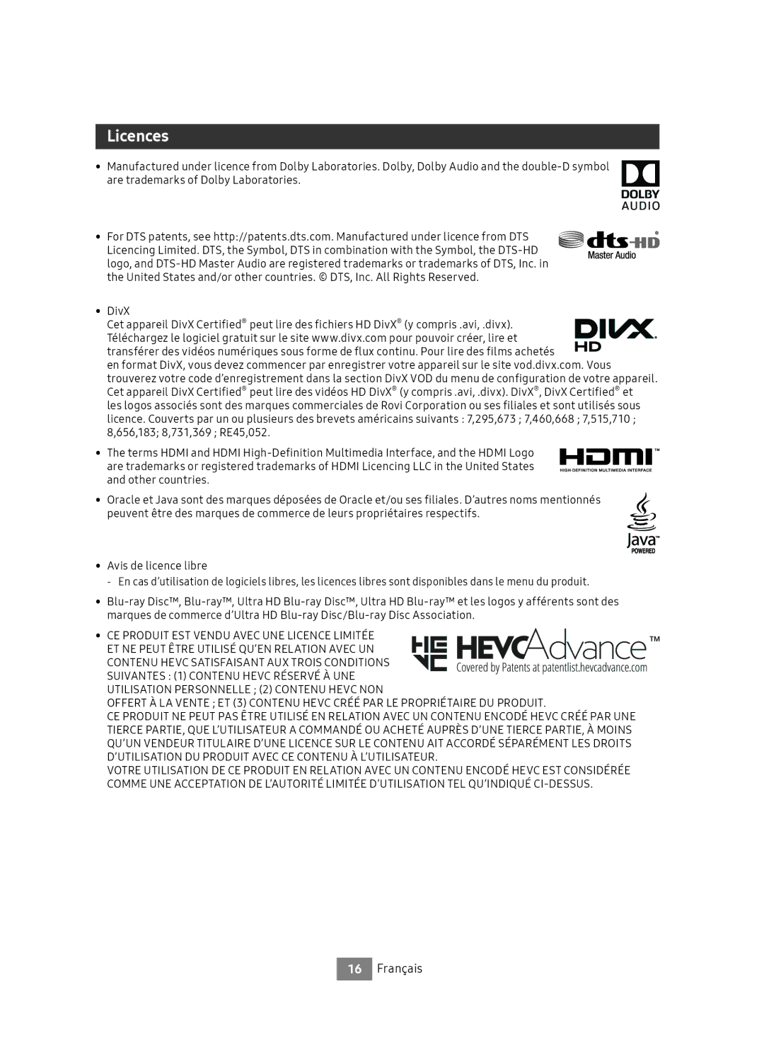 Samsung UBD-M9500/ZG, UBD-M9500/EN manual Licences, CE Produit EST Vendu Avec UNE Licence Limitée 