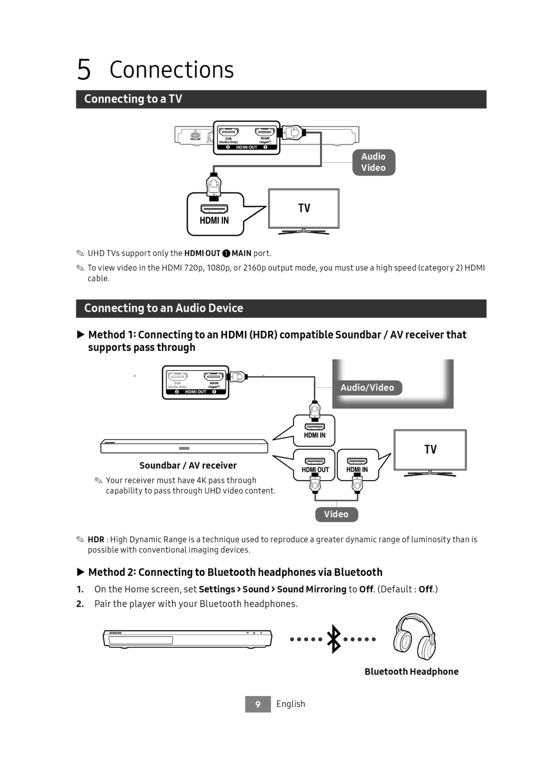 Samsung UBD-M9500/ZG, UBD-M9500/EN manual Connections, Connecting to a TV, Connecting to an Audio Device 