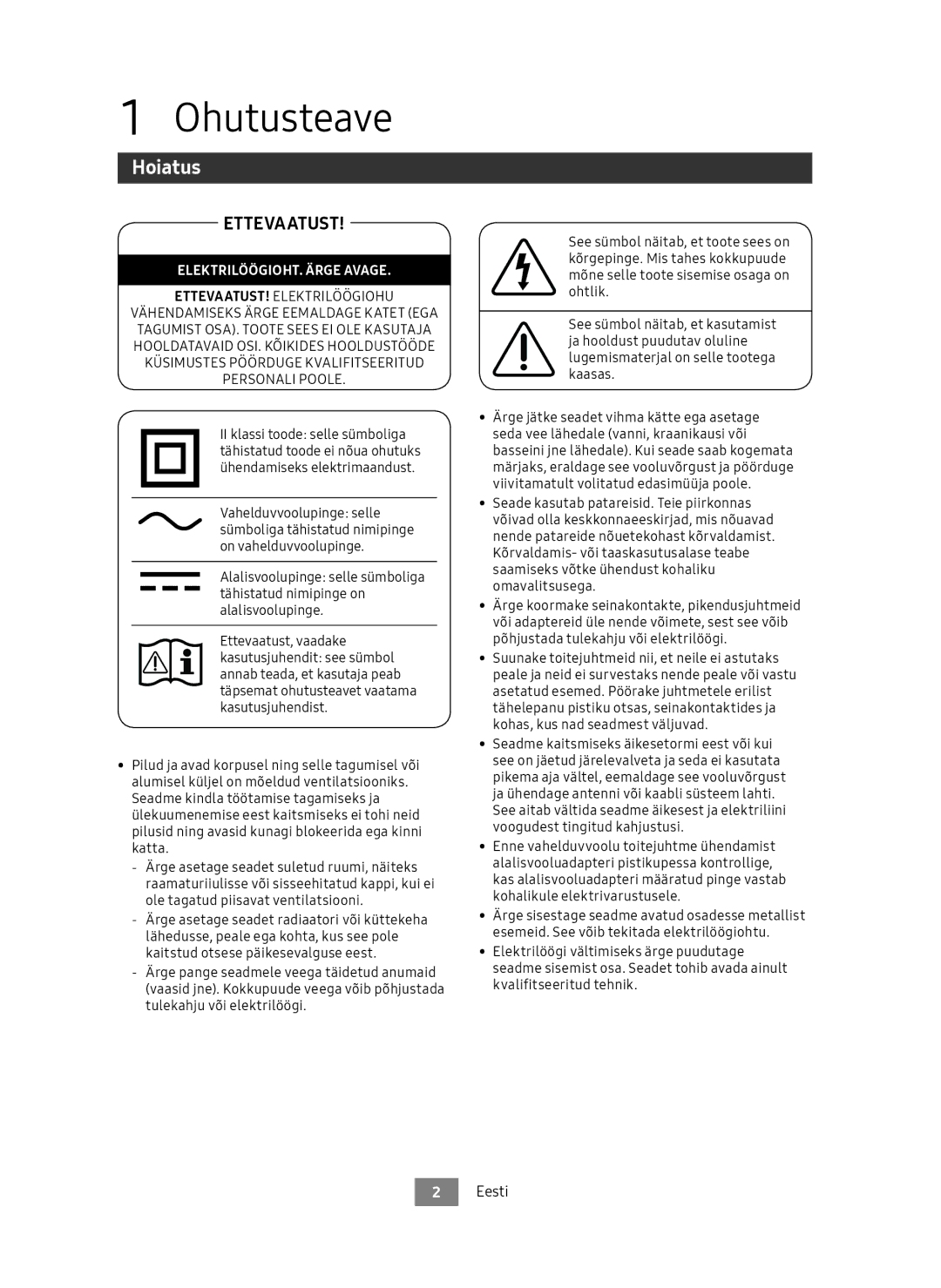 Samsung UBD-M9500/EN, UBD-M9500/ZG manual Ohutusteave, Hoiatus, Eesti 