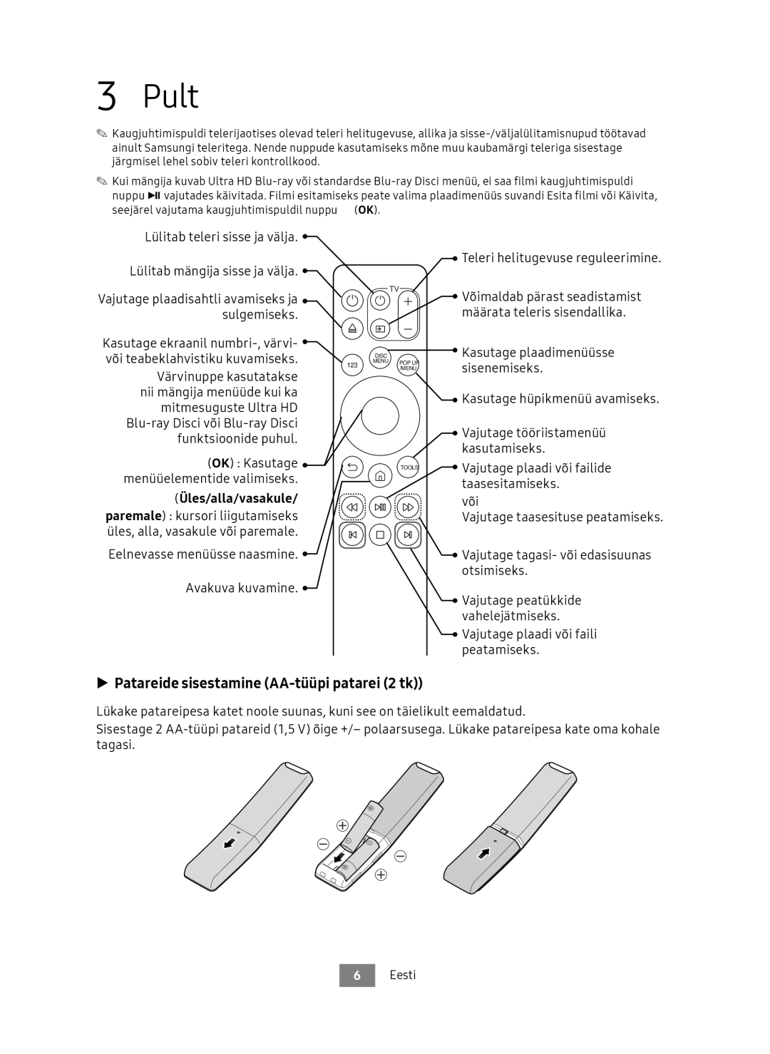 Samsung UBD-M9500/EN, UBD-M9500/ZG manual Pult, Patareide sisestamine AA-tüüpi patarei 2 tk, Üles/alla/vasakule 