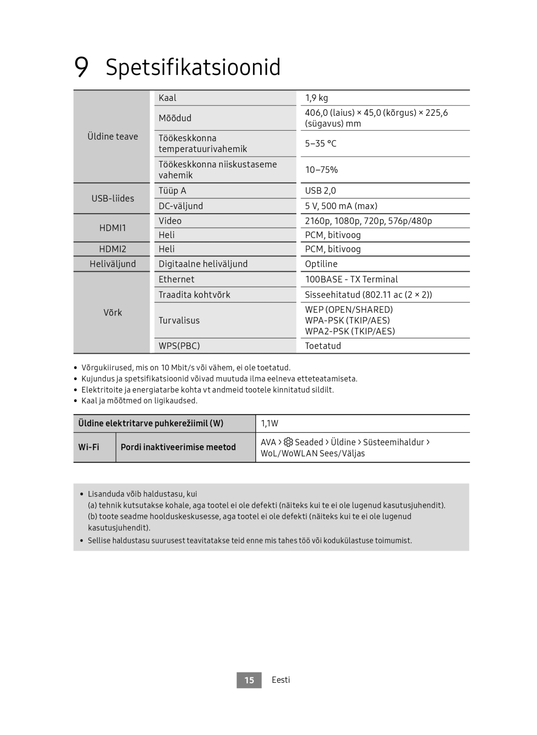 Samsung UBD-M9500/ZG, UBD-M9500/EN manual Spetsifikatsioonid, Üldine elektritarve puhkerežiimil W Wi-Fi 