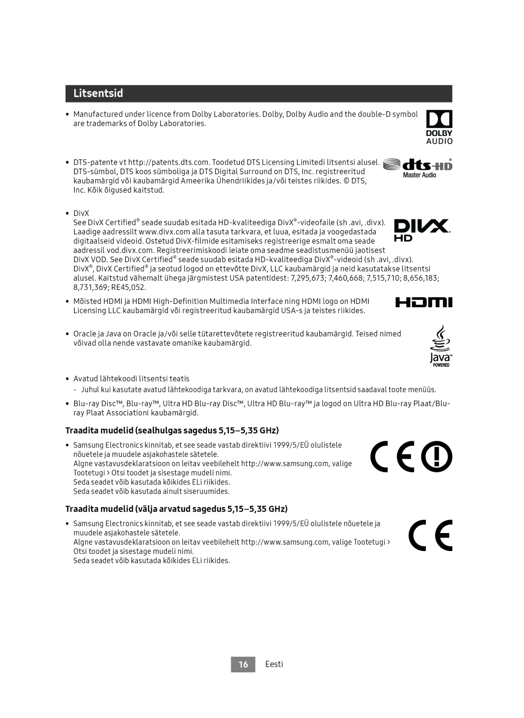 Samsung UBD-M9500/EN, UBD-M9500/ZG manual Litsentsid, Traadita mudelid sealhulgas sagedus 5,15-5,35 GHz 