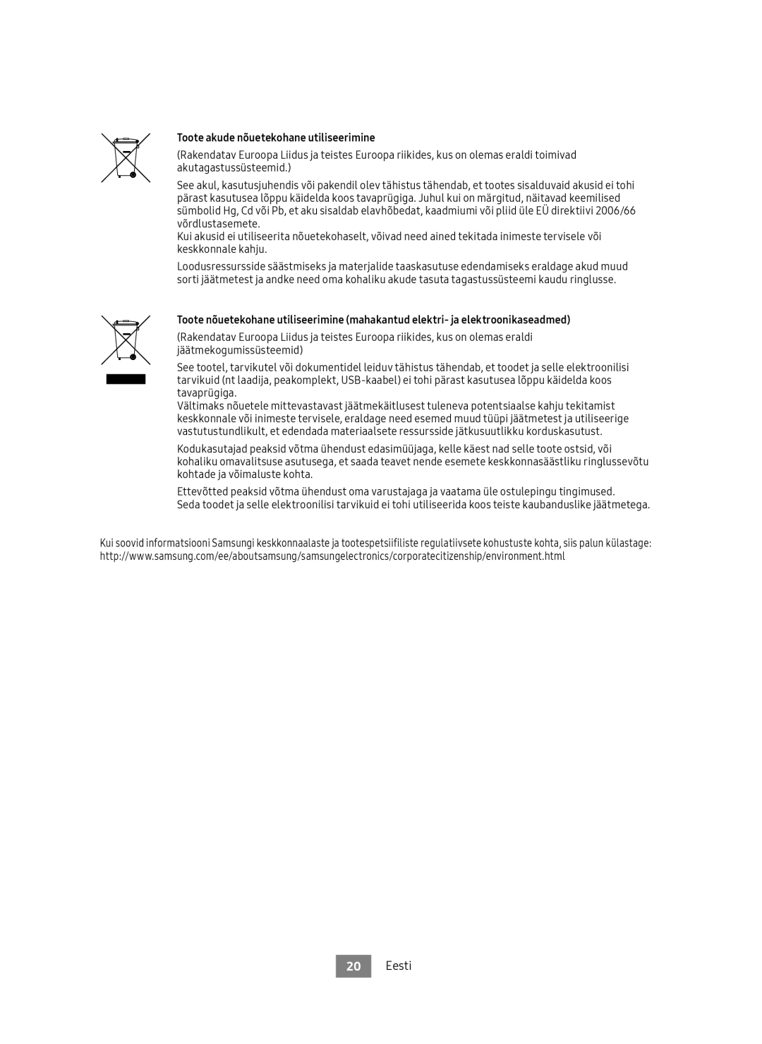 Samsung UBD-M9500/EN, UBD-M9500/ZG manual Toote akude nõuetekohane utiliseerimine 