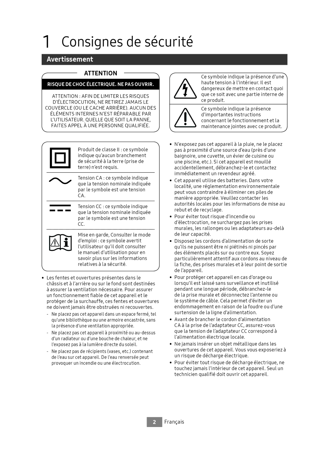 Samsung UBD-M9500/ZG, UBD-M9500/EN manual Consignes de sécurité, Avertissement, Français 