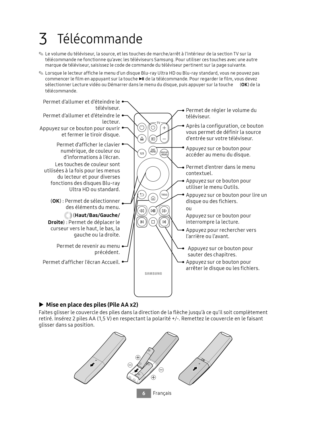 Samsung UBD-M9500/ZG, UBD-M9500/EN manual Télécommande, Mise en place des piles Pile AA, Haut/Bas/Gauche 