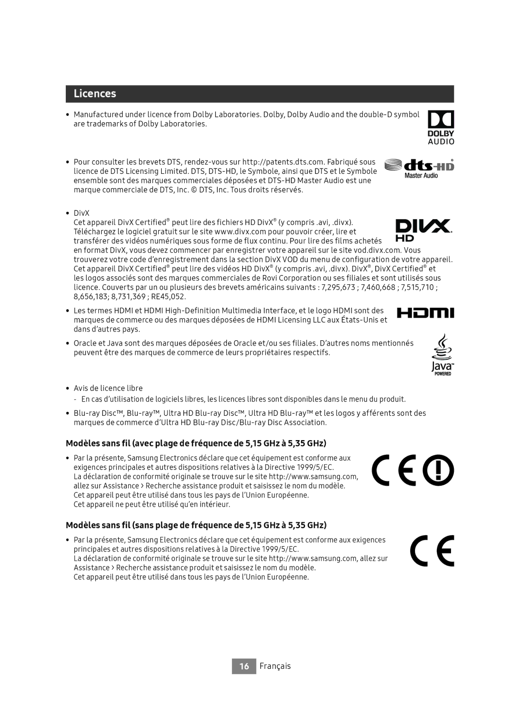 Samsung UBD-M9500/ZG, UBD-M9500/EN manual Cet appareil ne peut être utilisé qu’en intérieur 