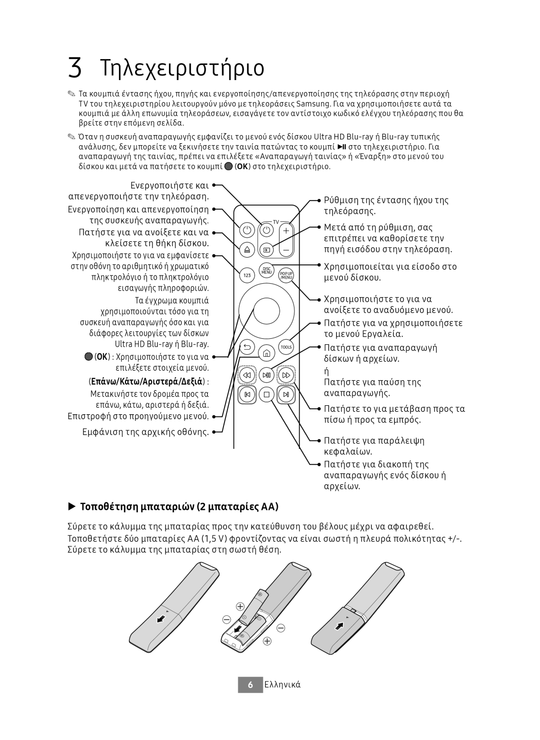 Samsung UBD-M9500/ZG Τηλεχειριστήριο, Τοποθέτηση μπαταριών 2 μπαταρίες AA, Ενεργοποιήστε και Απενεργοποιήστε την τηλεόραση 