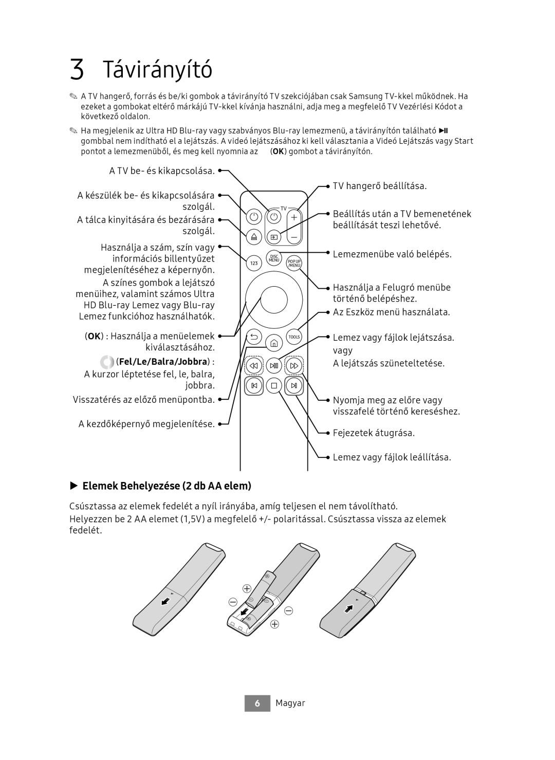 Samsung UBD-M9500/EN, UBD-M9500/ZG manual Távirányító, Elemek Behelyezése 2 db AA elem, Fel/Le/Balra/Jobbra 