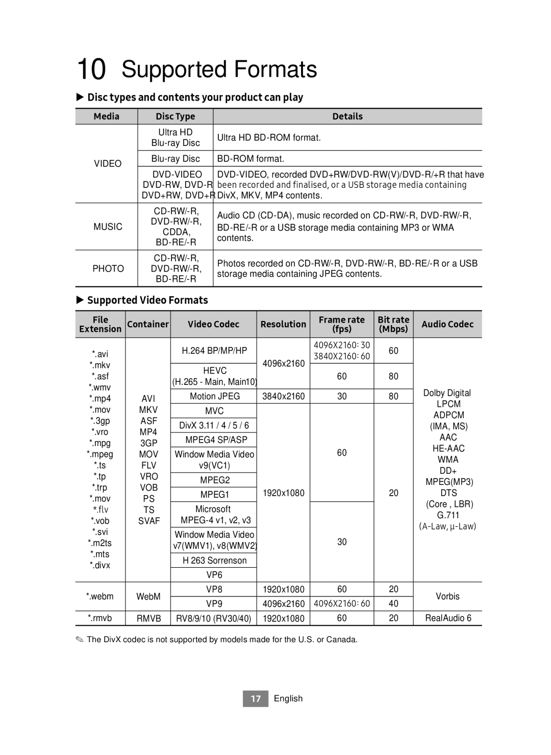 Samsung UBD-M9500/ZG manual Supported Formats, Disc types and contents your product can play, Supported Video Formats 