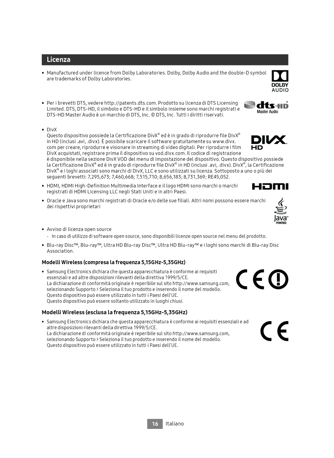 Samsung UBD-M9500/ZG, UBD-M9500/EN manual Licenza, Modelli Wireless compresa la frequenza 5,15GHz-5,35GHz 