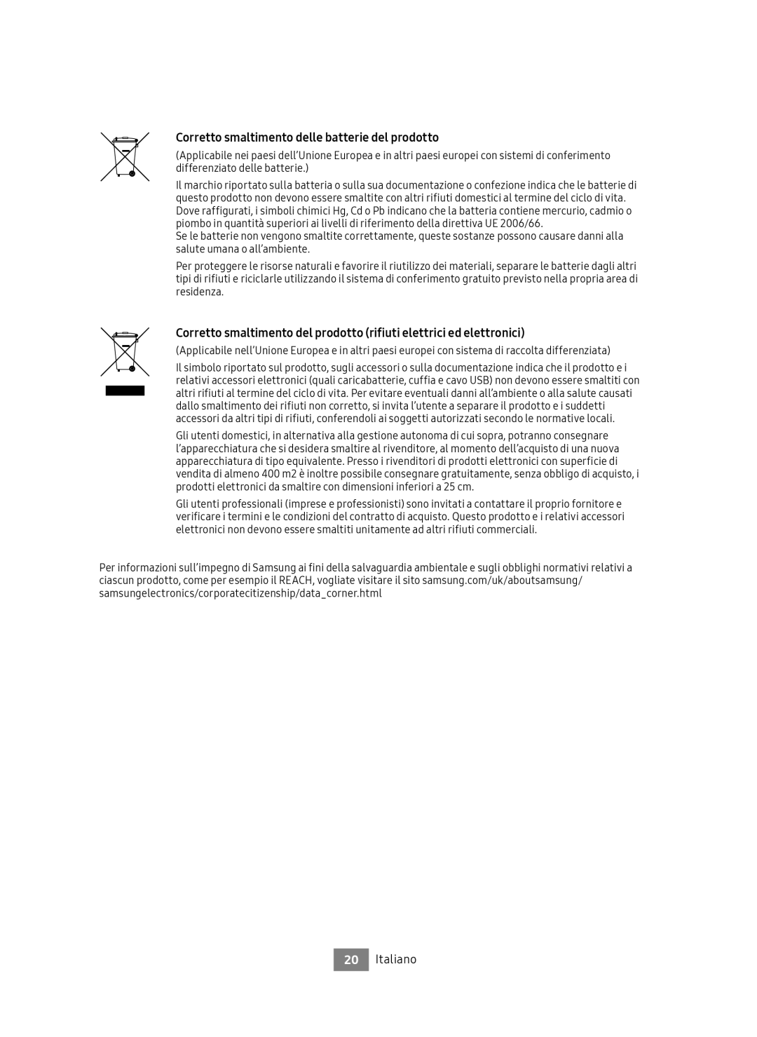 Samsung UBD-M9500/ZG, UBD-M9500/EN manual Corretto smaltimento delle batterie del prodotto 