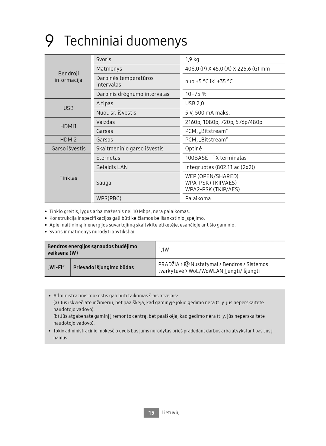 Samsung UBD-M9500/ZG, UBD-M9500/EN manual Techniniai duomenys, Veiksena W, „Wi-Fi Prievado išjungimo būdas 