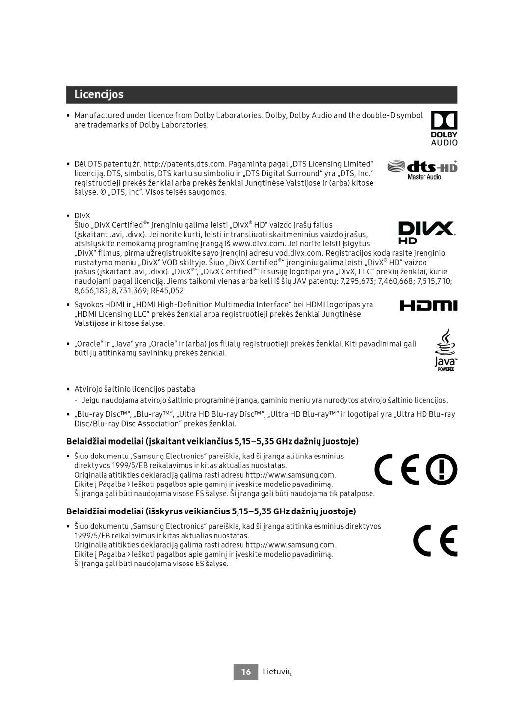 Samsung UBD-M9500/EN, UBD-M9500/ZG manual Licencijos 