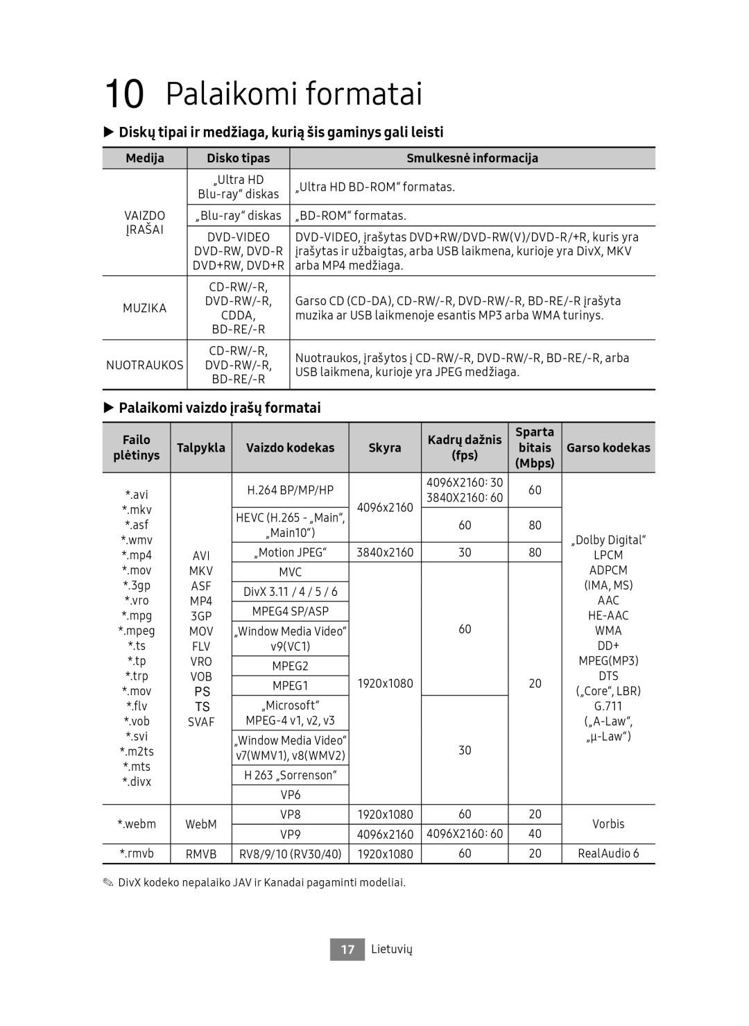 Samsung UBD-M9500/ZG, UBD-M9500/EN manual Palaikomi formatai, Diskų tipai ir medžiaga, kurią šis gaminys gali leisti 