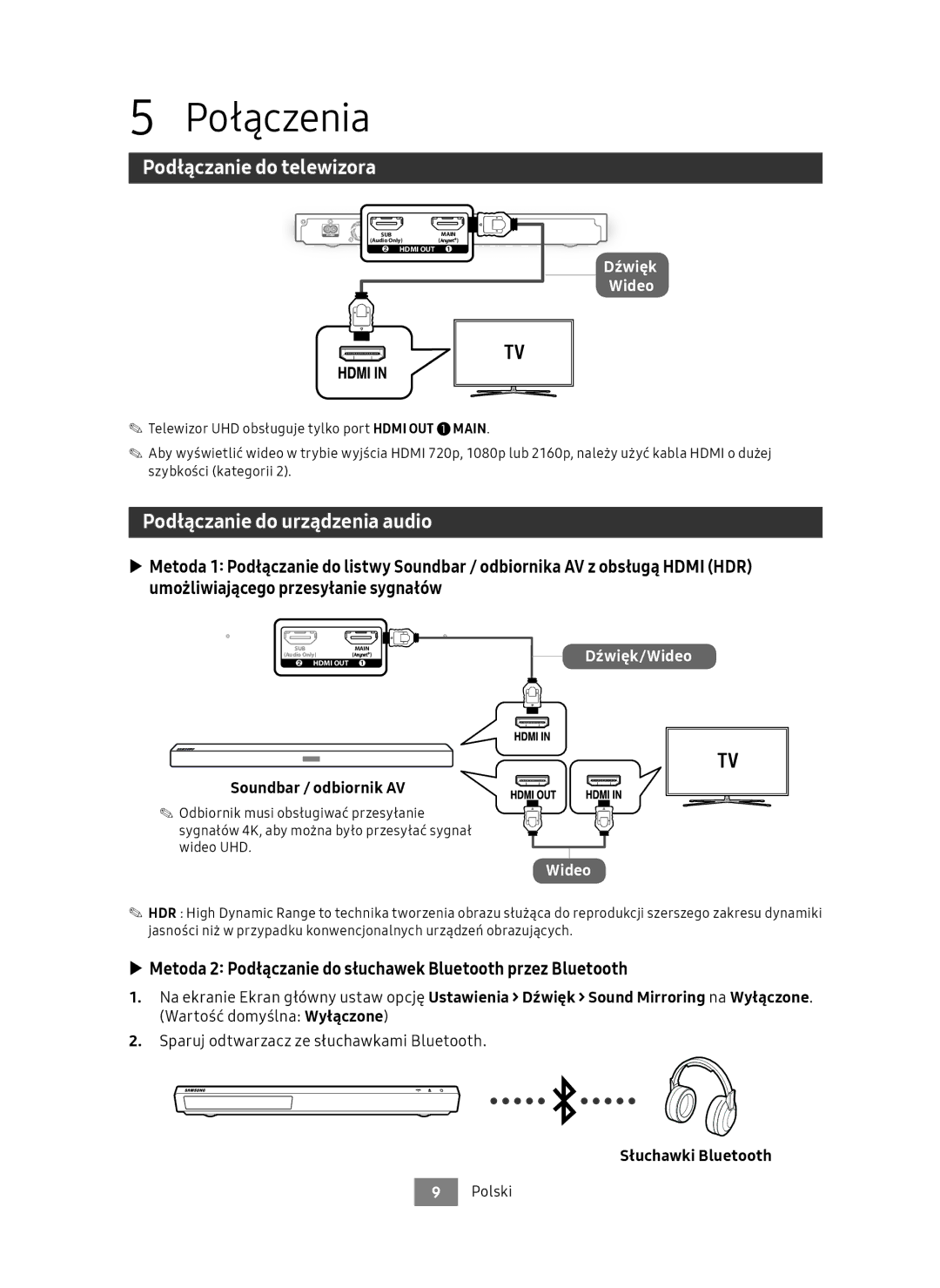 Samsung UBD-M9500/EN, UBD-M9500/ZG manual Połączenia, Podłączanie do telewizora, Podłączanie do urządzenia audio 