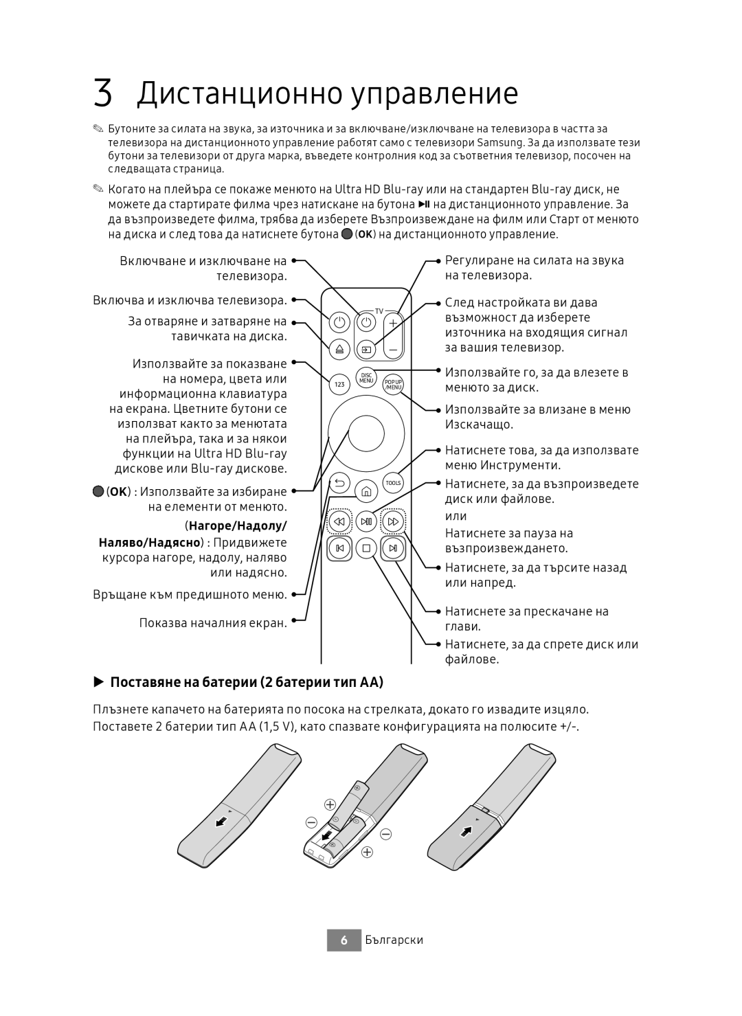 Samsung UBD-M9500/ZG, UBD-M9500/EN manual Дистанционно управление, Поставяне на батерии 2 батерии тип AA 