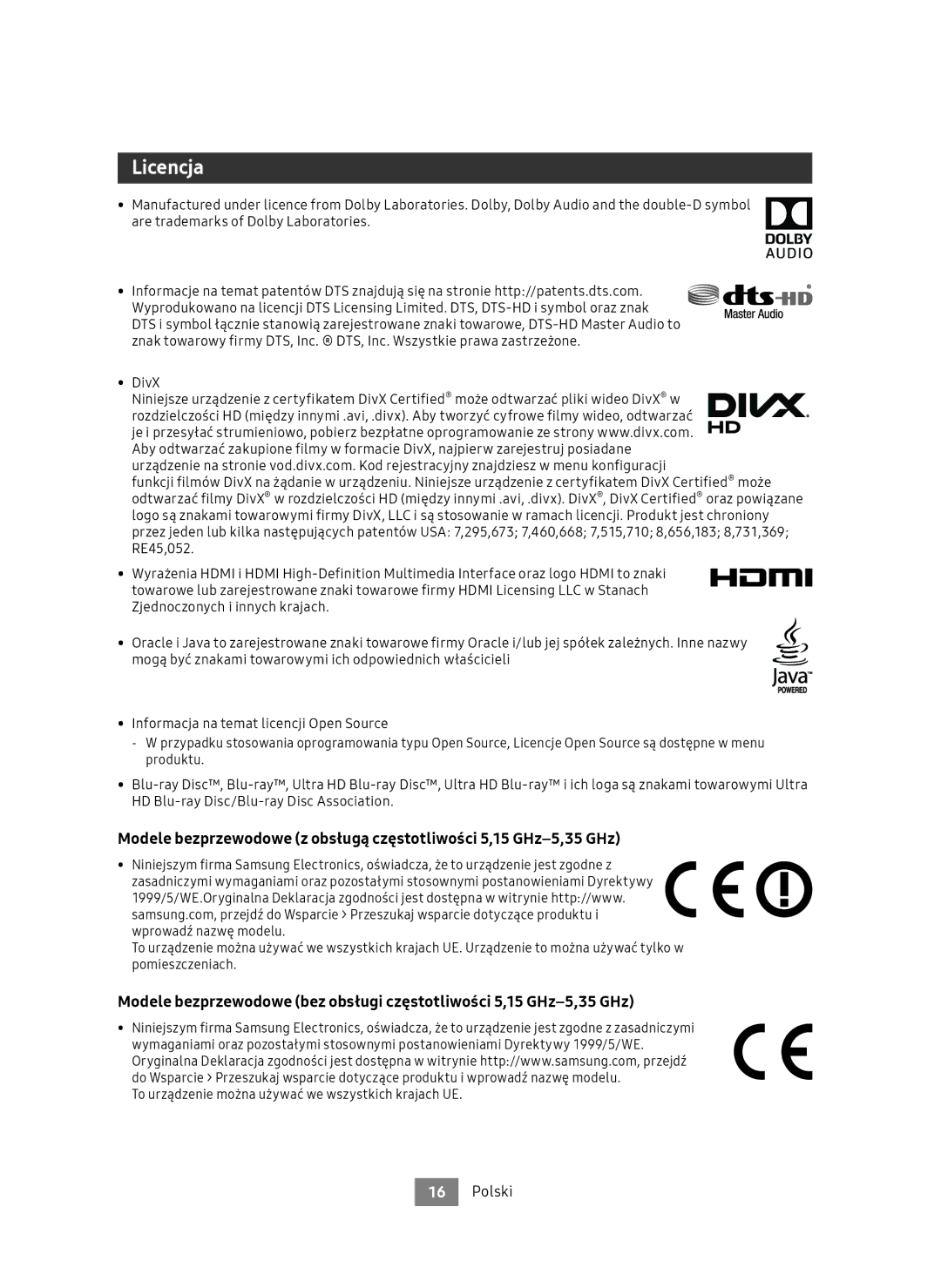 Samsung UBD-M9500/ZG, UBD-M9500/EN manual Licencja 