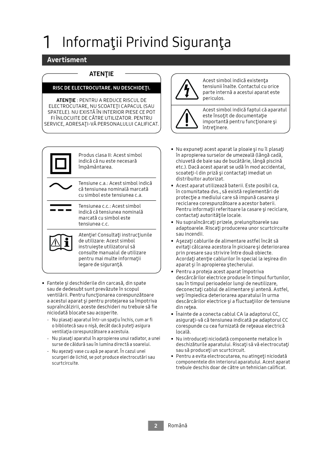 Samsung UBD-M9500/EN, UBD-M9500/ZG manual Informaţii Privind Siguranţa, Avertisment, Română 